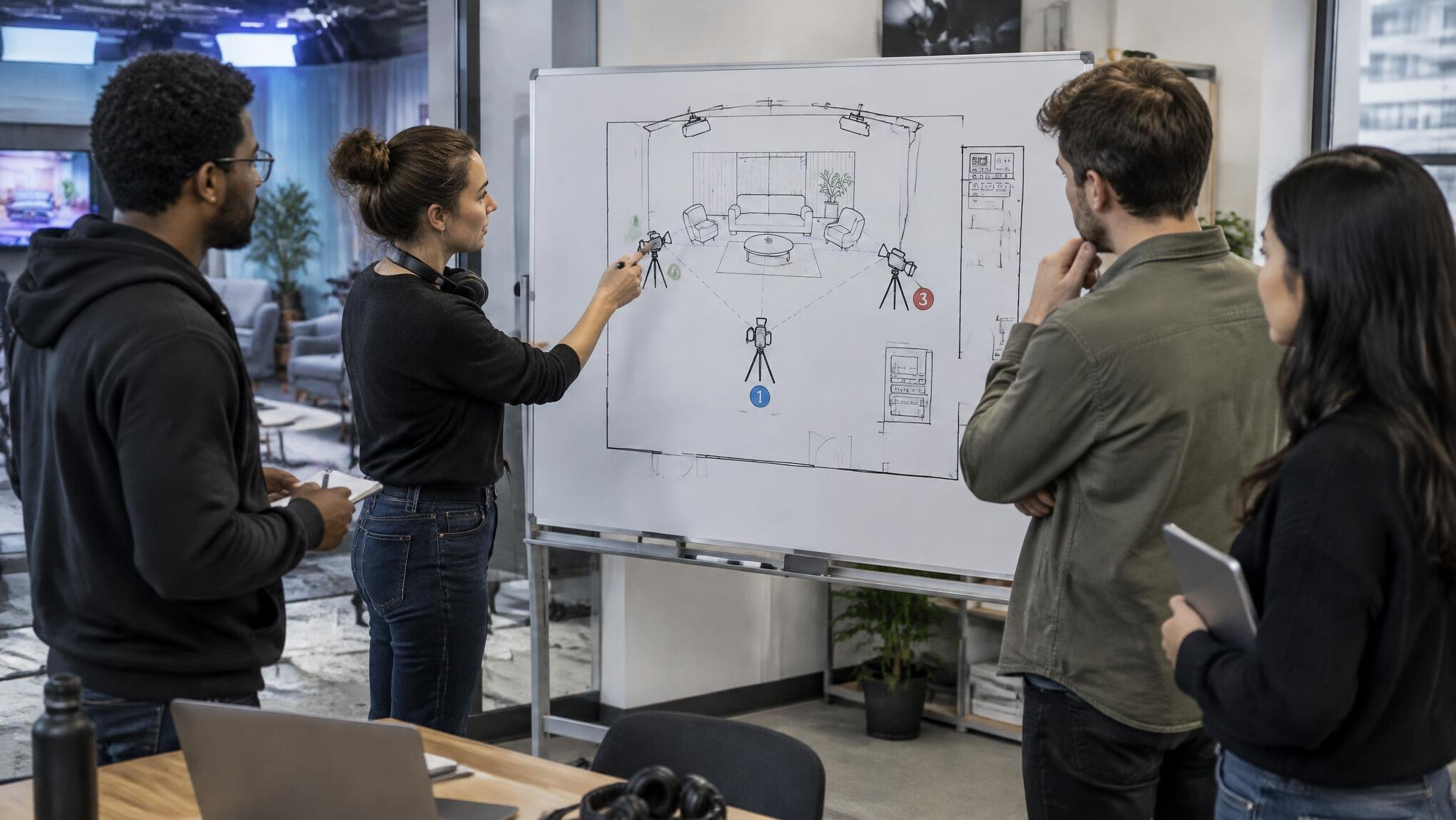 Crew discussing a studio segment on a whiteboard