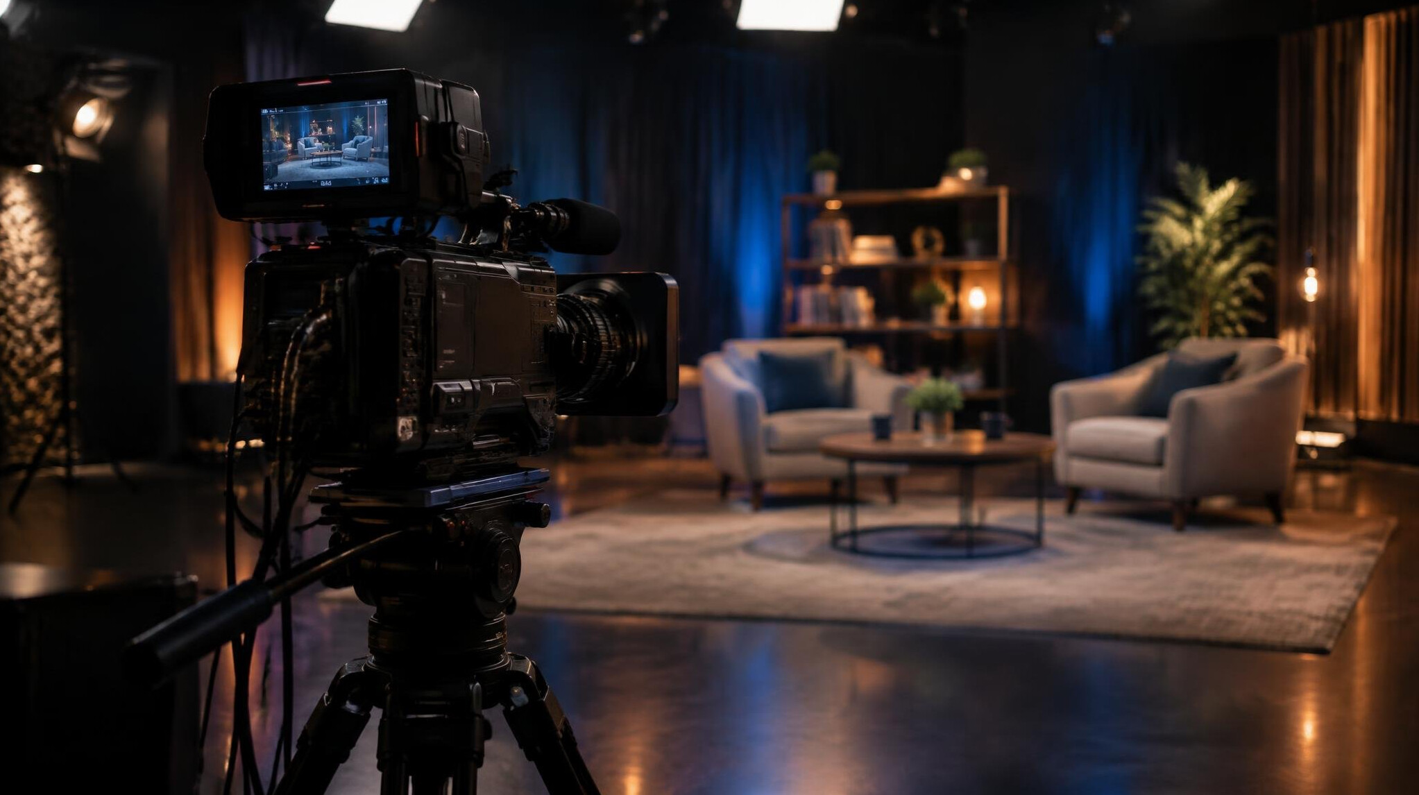Professional video camera on a tripod in a dark TV studio