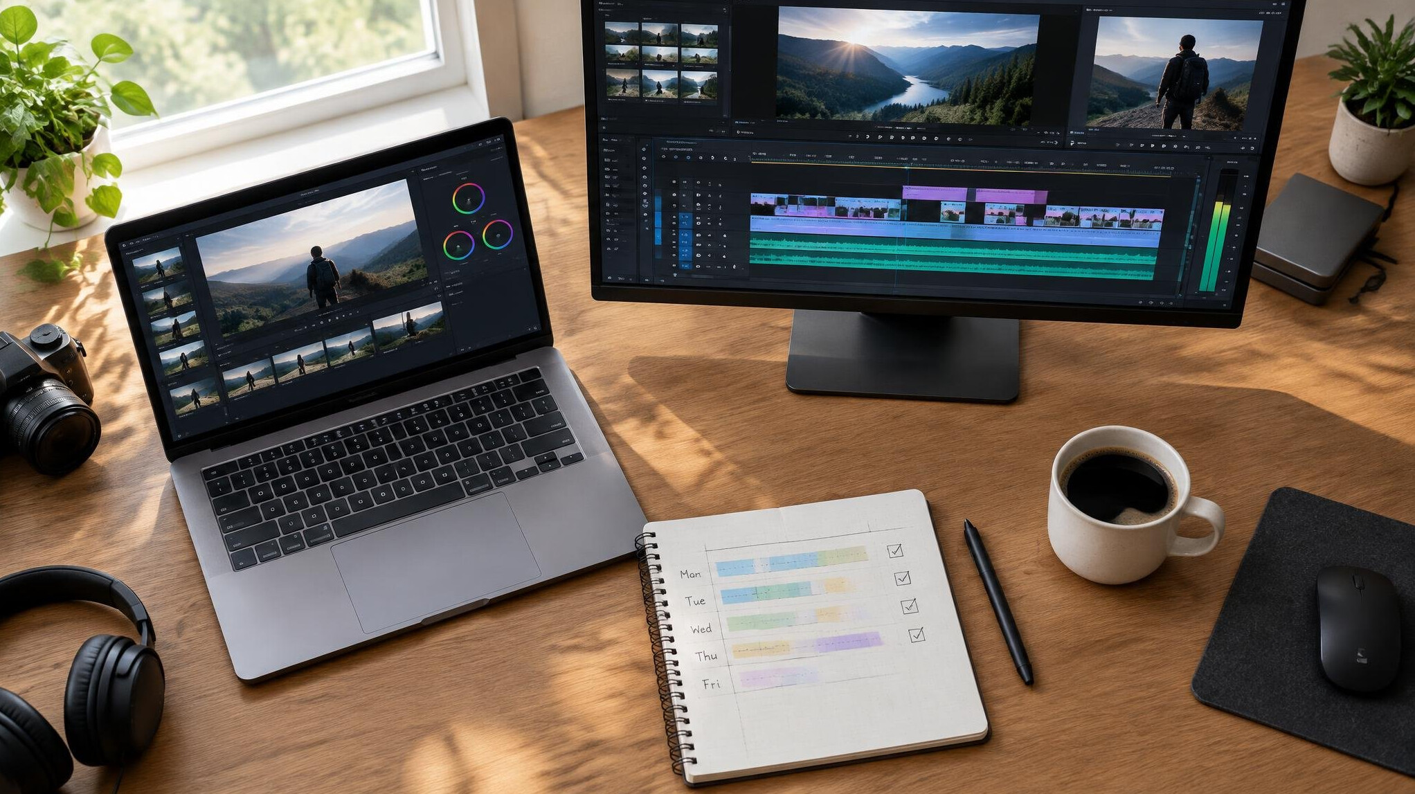 Video editing workspace with laptop and monitor showing a timeline