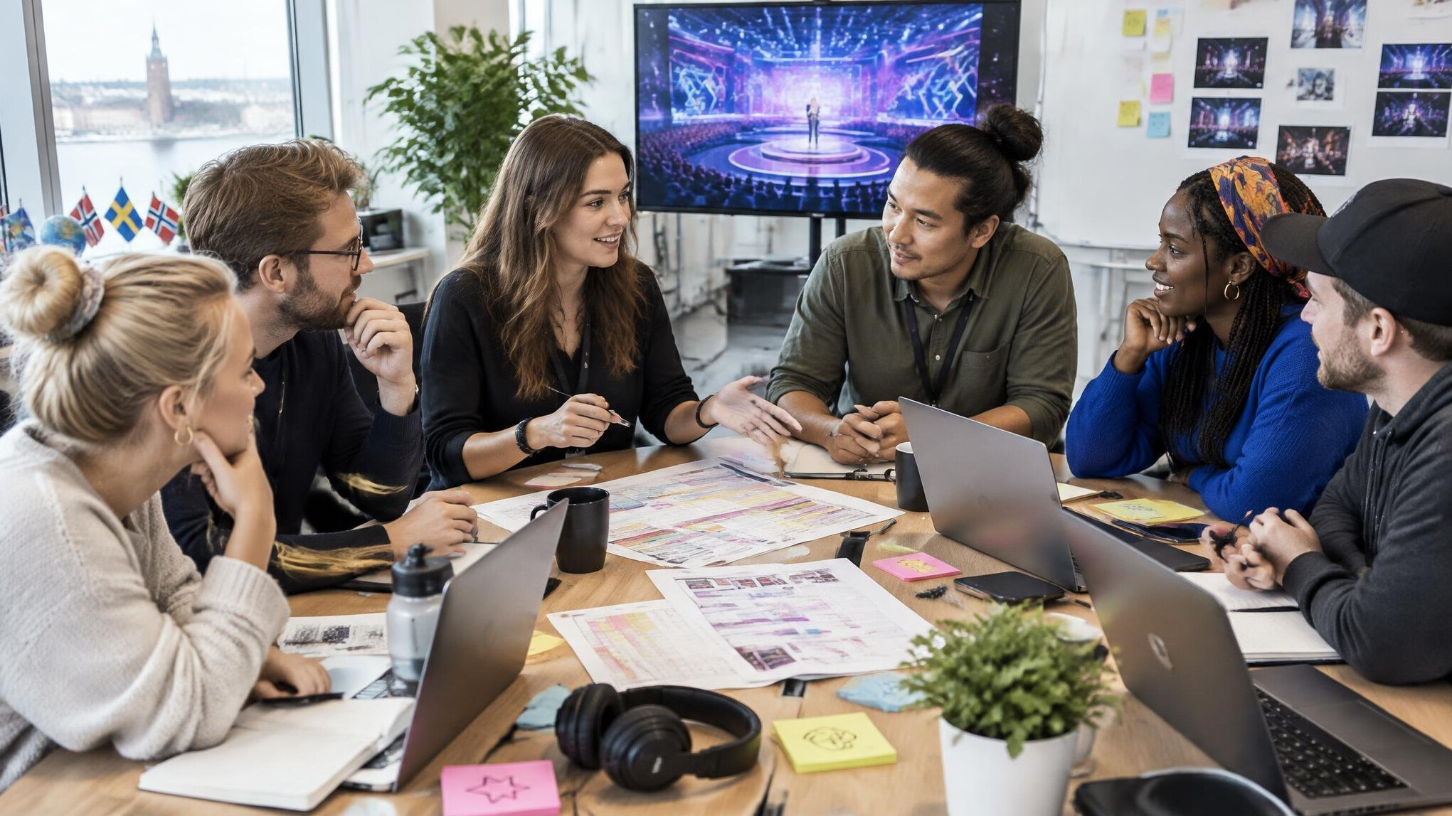 Production team planning a show around a table with notes